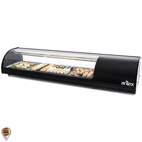 Esquema de una vitrina profesional para sushi mostrando el sistema de placa fría y evaporador estático