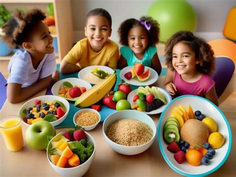 Mesa colorida con diversas opciones de comida saludable para niños en un cumpleaños