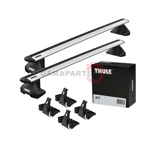 Esquema que ilustra los tres componentes de un sistema de portaequipajes de techo Thule: barras, soportes y kit de ajuste.