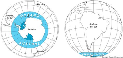 Mapa del Océano Austral rodeando el continente antártico con indicación de los límites de 60 grados latitud sur
