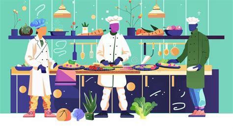 Ilustración de chefs chilenos trabajando en equipo en una cocina moderna.