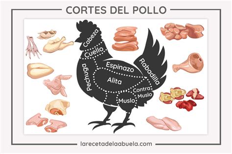Esquema visual mostrando los diferentes cortes de pollo (muslo, pechuga y piel) ideales para preparar chicharrón.