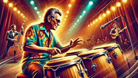 Tito Puente en su juventud tocando los timbales con su orquesta