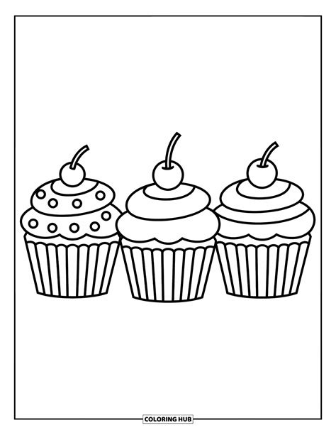 Ilustración de diversos estilos de cupcakes con diferentes coberturas y decoraciones para colorear.