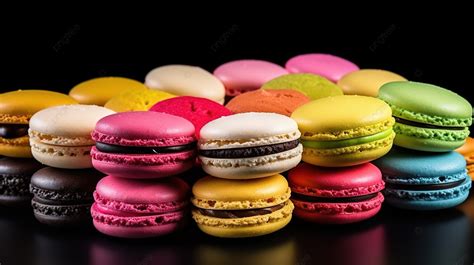 composición fotográfica de macarons de colores, un éclair de chocolate y una tarta tatin