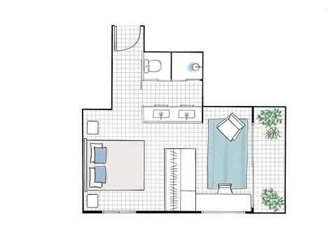 Plano de distribución de departamento con terraza y dormitorios en suite