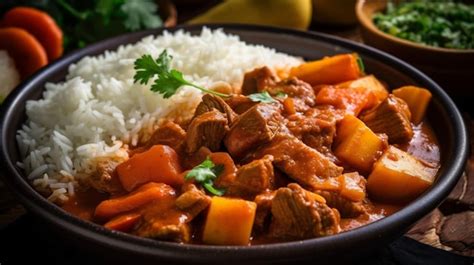 Plato de goulash cremoso acompañado de arroz blanco