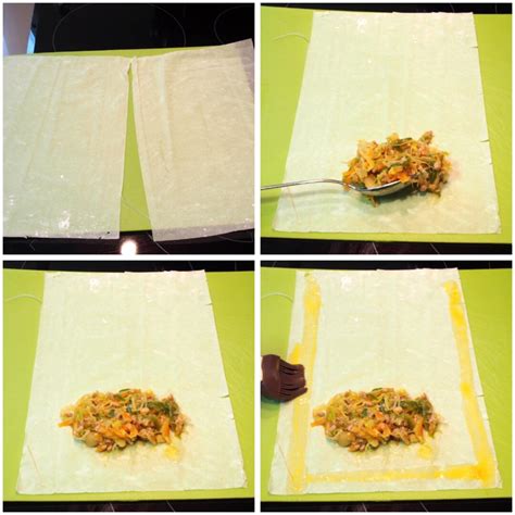Infografía mostrando los pasos de preparación de los rollitos de verdura, atún y huevo, desde el corte de las verduras hasta el horneado final.
