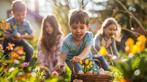 Niños emocionados buscando huevos de Pascua escondidos en un jardín