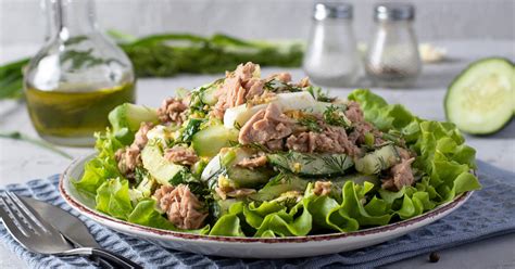 Ilustración de ingredientes para ensalada de atún con tomate, pepino y lechuga.