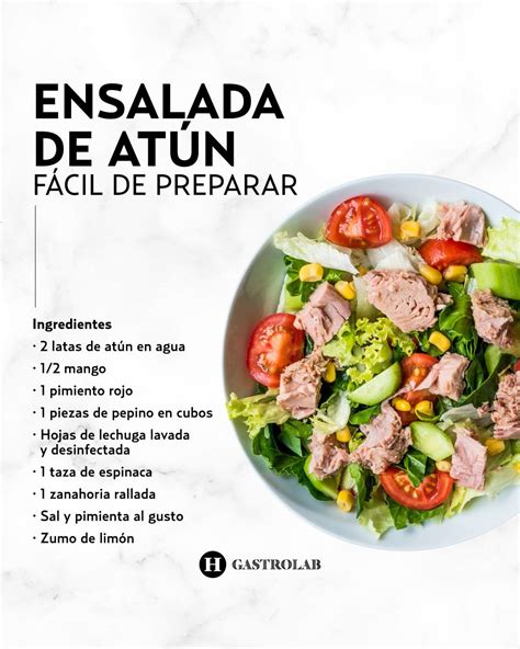 Infografía mostrando los pasos de preparación de la ensalada de atún.