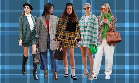 Montaje de fotos de street style con diversas prendas de tartán