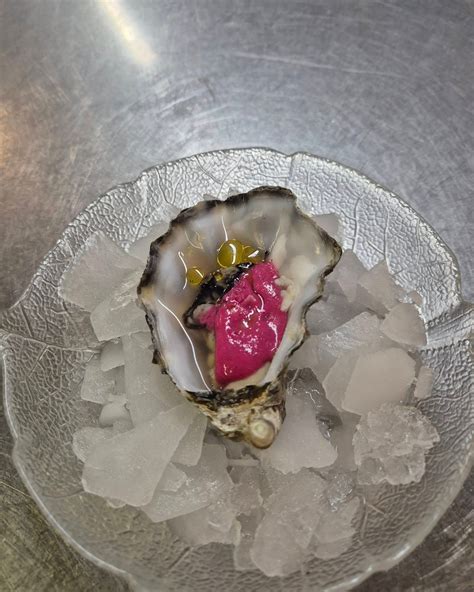 Ostras presentadas en copas de cóctel sobre hielo picado, con rodajas de yuzu y un toque de algas nori.