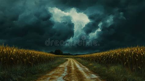 Ilustración de un camino rural de Nebraska bordeado por campos de maíz bajo un cielo nublado