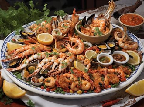 Plato de mariscos variados con vista al mar Caribe en Cartagena