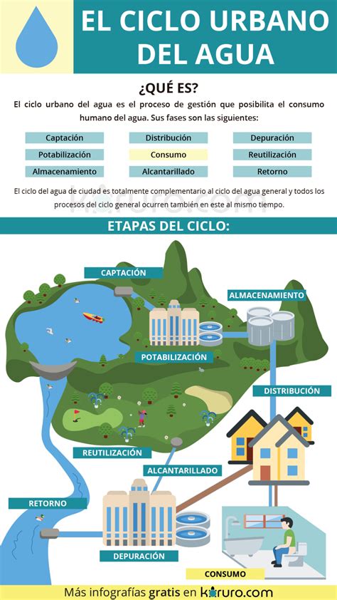 Esquema infográfico que muestra el ciclo del agua desde la planta de tratamiento hasta el lavado de verduras en el hogar
