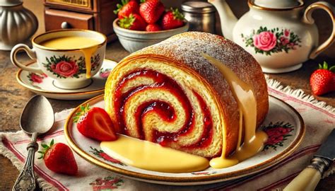 Un rollo de Jam Roly-Poly cortado en porciones, con mermelada visible.