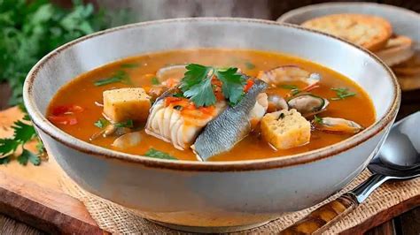 Cuenco humeante de caldo de pescado con algunos trozos de verdura y pescado