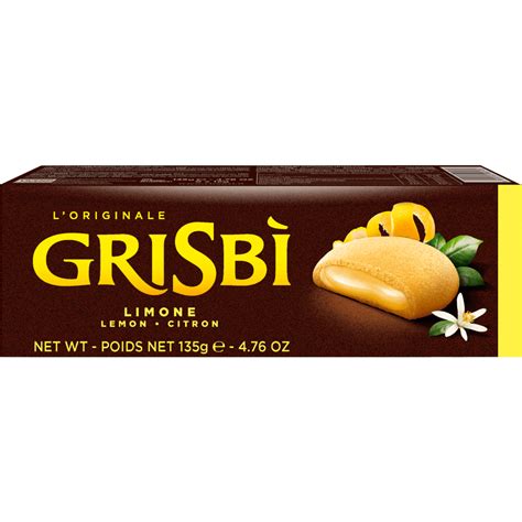 Fotografía profesional de una galleta Grisbi Limone partida por la mitad mostrando su relleno cremoso.