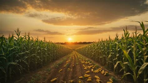 Campo de maíz con sol de fondo, infografía del proceso de extracción de almidón de maíz