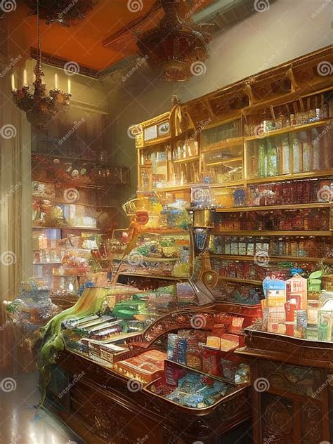 Ilustración de una antigua tienda de dulces vendiendo a granel y las primeras barras de chocolate envasadas