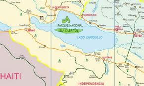 Mapa del Parque Nacional Isla Cabritos y Lago Enriquillo, República Dominicana, destacando su ubicación y geografía.