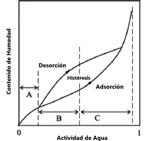 Gráfico de isotermas de sorción que muestra la relación entre la actividad de agua y el contenido de humedad en harina de pescado