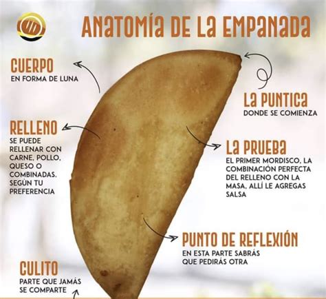 Infografía que ilustra la anatomía de una empanada: masa, repulgue y variedad de rellenos tradicionales.