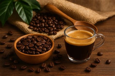 Esquema que muestra la composición del café con hongos, combinando granos de café y extractos de hongos medicinales