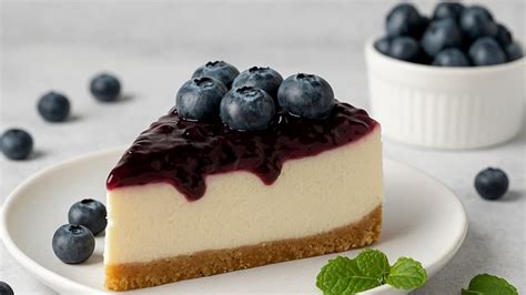 fotografía de un cheesecake de arándanos con un corte limpio donde se observa el marmoleado de la salsa y la base de galleta