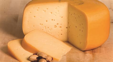 Corte transversal de queso Gouda mostrando su textura y ojos