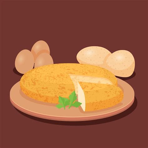 Ilustración de una tortilla de patatas en crudo con textura suave y dorada