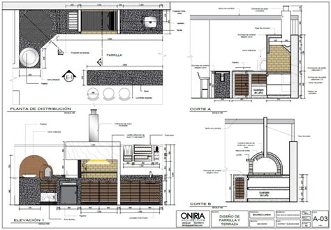 Esquema de distribución de un quincho ideal: zona de parrilla, barra de apoyo y mesa principal