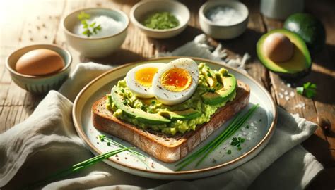 Ilustración de un desayuno equilibrado con aguacate, huevo y pan integral.
