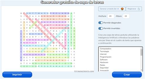 Interfaz del generador de sopa de letras mostrando campos para ingresar palabras, tamaño de cuadrícula y nivel de dificultad