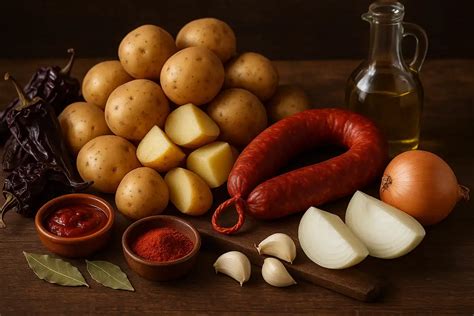 Esquema de ingredientes principales: carne, chorizo, cebolla, ajo, patatas y laurel