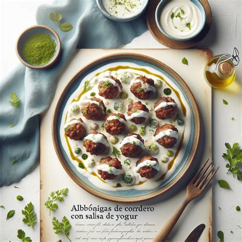 Albóndigas de cordero (koftas) servidas con salsa de yogur, pepino y menta, decoradas con hierbas frescas