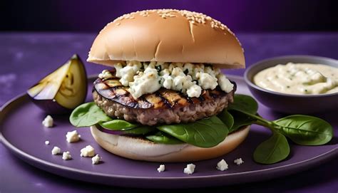 Hamburguesa gourmet de cordero con queso feta, cebolla morada y salsa de yogur y menta
