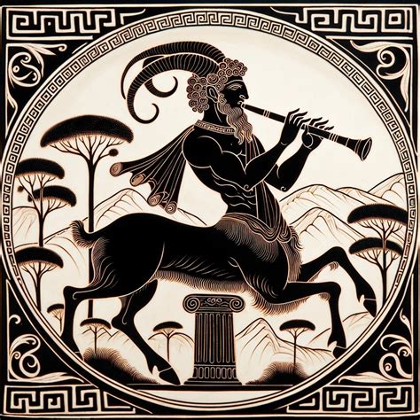Representación clásica del dios Pan, con cuernos, patas de cabra y tocando la siringa en un entorno natural montañoso.