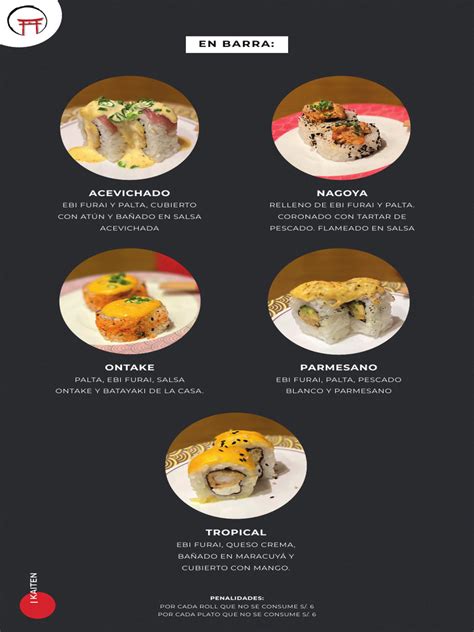 Infografía del menú con opciones de rolls, ceviches y Gohan, destacando precios