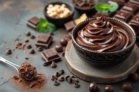 Thematic photo of sweet powdered chocolate in a bowl with a spoon