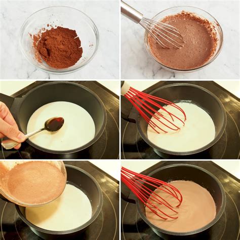 Infografía que muestra los pasos de mezcla: almíbar caliente vertiéndose sobre pepitas de chocolate blanco