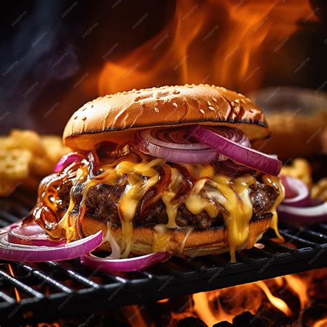 Primer plano de una jugosa smash burger con cebolla caramelizada