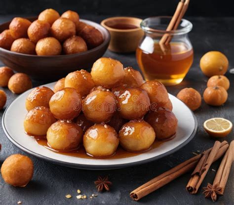 Un plato de loukoumades cubiertas de miel y canela.