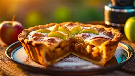 Foto de un kuchen de manzana recién horneado sobre una mesa con tazas de té.