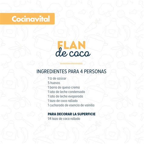 Infografía con los ingredientes principales para el flan de coco y polenta: huevos, leche condensada, leche de coco, coco rallado, polenta, azúcar para caramelo.