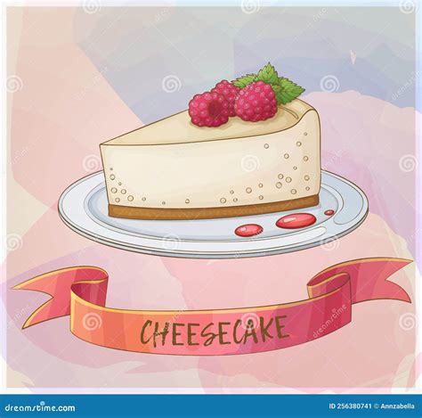 Ilustración de un cheesecake tradicional con base de galletas y cobertura de mermelada