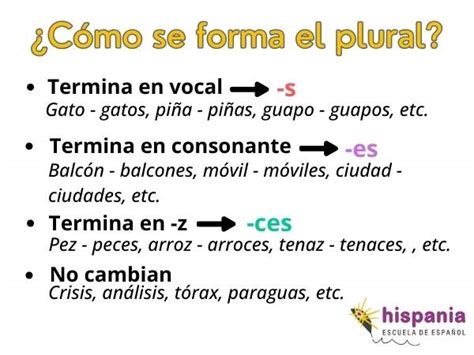 Infografía detallando las reglas de formación del plural en español.