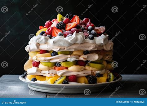 Torta de merengue con capas de crema y frutas
