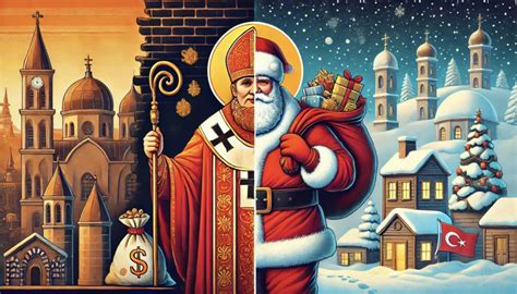 Línea de tiempo ilustrada: de San Nicolás a Santa Claus, mostrando la evolución de la vestimenta y la figura desde el siglo IV hasta 1931.